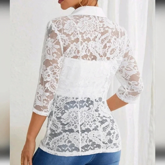 Contrast Lace Flap Detail Single Button Blazer - Picture 2 of 5